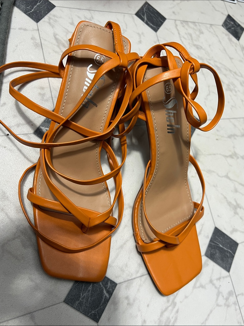 SHEIN Orange Strappy Lace-Up Square-Toe Heels